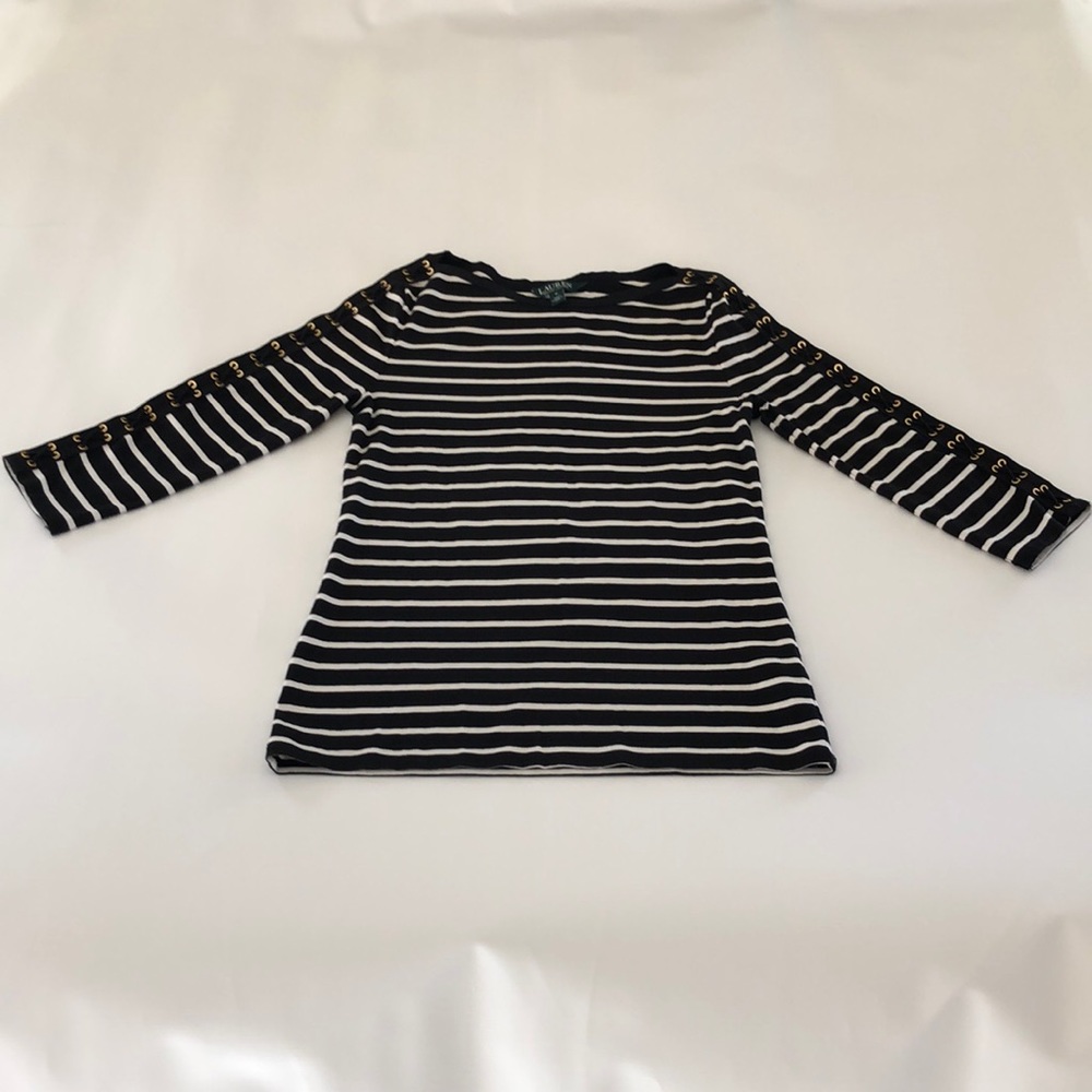 Lauren black and white striped 3/4 sleeve T-shirt